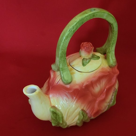 Ceramic Pink Flower and Leaves Tea Pot with Lid - Picture 5 of 13